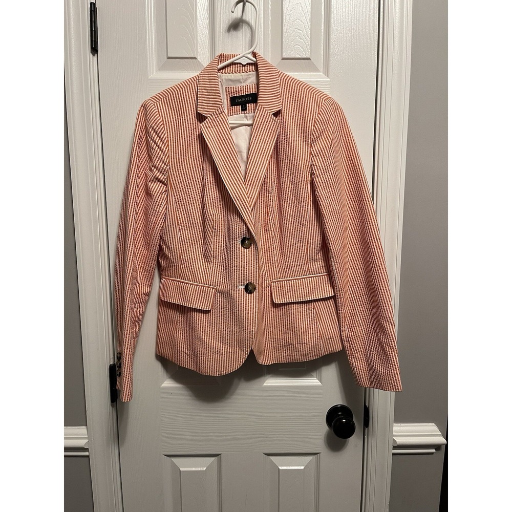 Talbots Coral White Seersucker Striped Cotton Blazer Jacket Size 8 Business